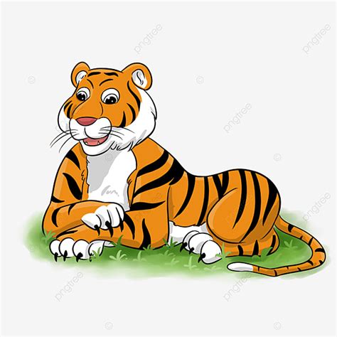 Gambar Harimau Comel Duduk Di Rumput, Haiwan, Harimau, Kartun PNG dan ...