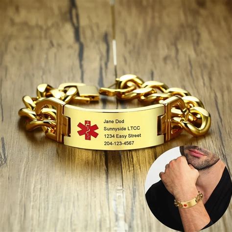 Personalized Stainless Steel Medical Alert ID Bracelet for Men Engravable Name Tag Cuban Link ...