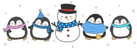 Premium Vector | Draw banner penguin with snowman Christmas and winter