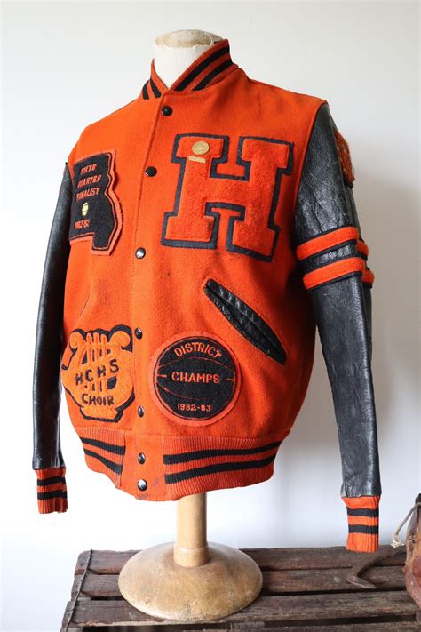 Vintage 1980s 80s orange black leather wool american high school ...