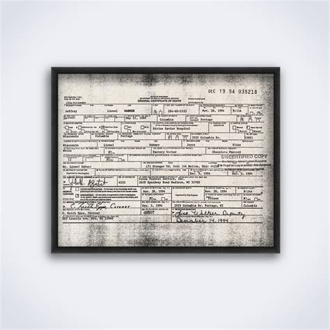 Printable Jeffrey Dahmer death certificate, serial killer print, poster