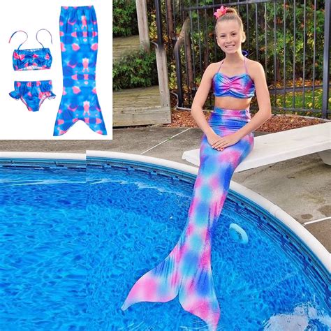 3PCS Girl Kids Mermaid Tail Swimmable Bikini Set Bathing Suit Fancy Cosplay Costume-in Girls ...