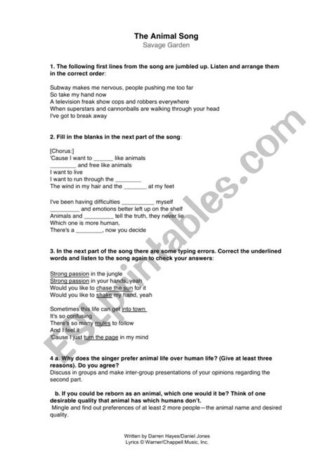 The Animal Song (Savage Garden) - ESL worksheet by prachitulshan