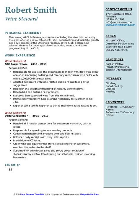 Wine Steward Resume Samples | QwikResume