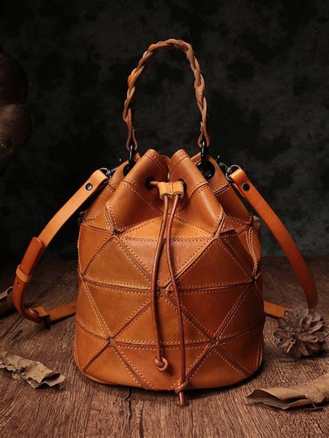 Genuine Leather Vegetable Suede Stitching Bucket Bag Retro Female Handmade Leather Handbags ...