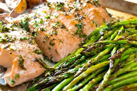 Roasted Salmon, Asparagus & Potatoes with Garlic Butter Recipe