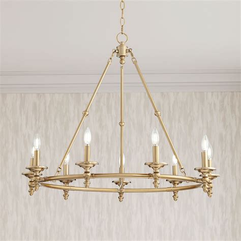 Franklin Iron Works Warm Antique Brass Large Wagon Wheel Chandelier 35" Wide Modern Farmhouse 9 ...