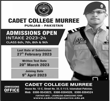 Cadet College Murree Admission form 2023 merit list & Last Date