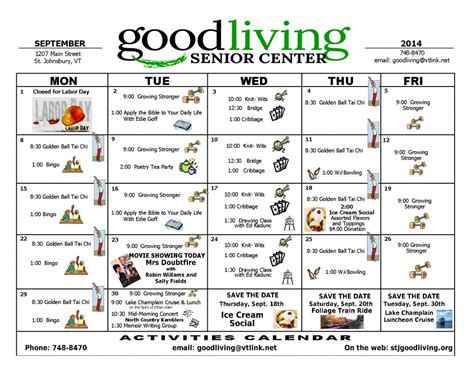 Free Senior Center Activities Calendar - Devina Caroljean