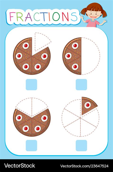 Math fractions worksheet cake theme Royalty Free Vector