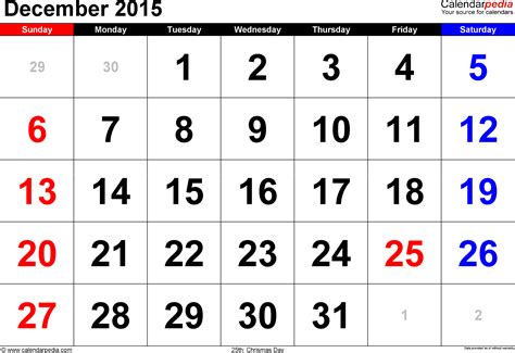 December 2015 - calendar templates for Word, Excel and PDF