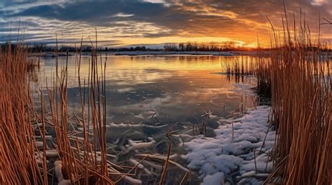 Premium AI Image | A winter sunset over a frozen lake with snow on the ...