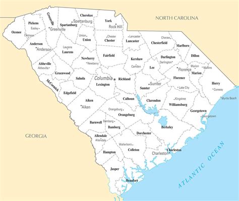 Map of South Carolina SC - County Map with selected Cities and Towns – wallmapsforsale