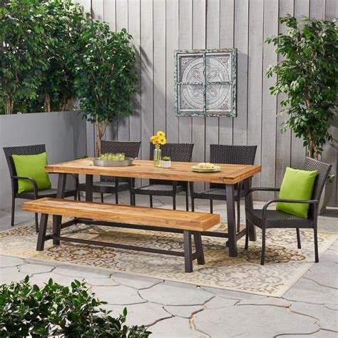 Logan Outdoor Rustic Acacia Wood 8 Seater Dining Set with Dining Bench, Teak, Black and Multi ...