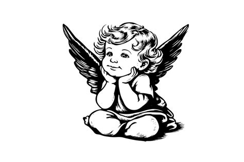 Little angel vector retro style engraving black and white illustration. Cute baby with wings ...