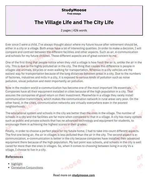 The Village Life and The City Life - Free comparison essay example ...