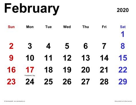 February 2020 Calendar | Templates for Word, Excel and PDF