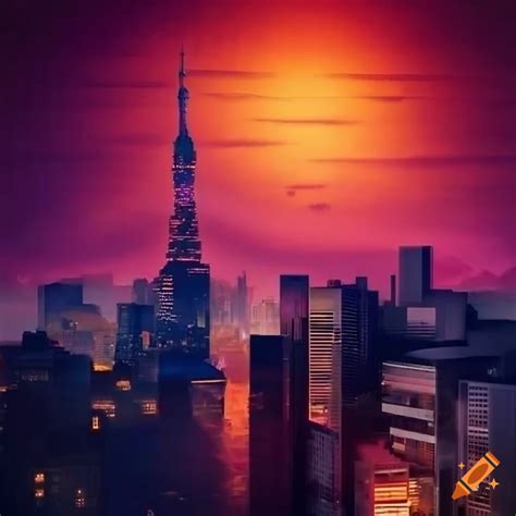 Fantasy tokyo skyline at sunset with neon lights and a fractured moon ...