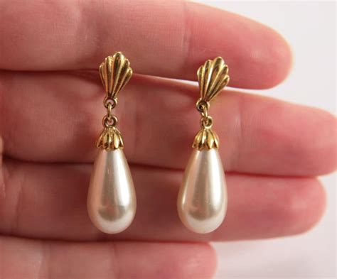Pearl Drop Earrings Large Shape Dangle Gold Tone Vintage