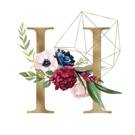 Floral Alphabet - Letter H with Flowers Bouquet Composition and Delicate Gold Geometri… in 2023 ...