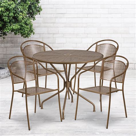 Flash Furniture Commercial Grade 35.25" Round Gold Indoor-Outdoor Steel Patio Table Set with 4 ...