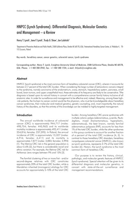 (PDF) HNPCC (Lynch Syndrome): Differential Diagnosis, Molecular ...