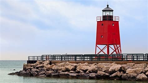 The Charlevoix South Pier lighthouse on Lake Michigan, Charlevoix County, Michigan, USA ...