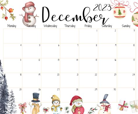 a december calendar with snowmen and christmas trees