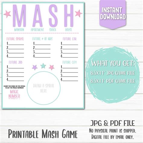 MASH Game Printable MASH Game Digital File Instant | Etsy