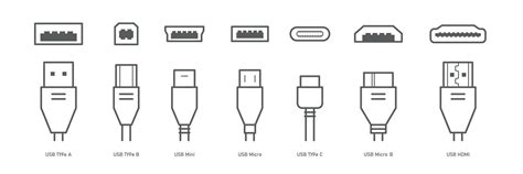 Cable connectors and plugs line icons set . USB, HDMI, ethernet icon set. Mini, micro, lightning ...