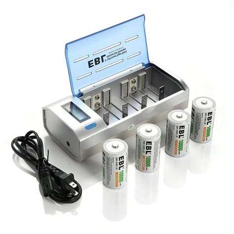 EBL 4-Pack 10000mAh 1.2V R20 Size D Battery + Battery Charger for 9V C D AA AAA Rechargeable ...