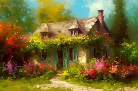 Premium AI Image | A painting of a house with flowers on the front.