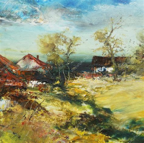 Landscape with village, oil painting — Stock Photo © kvocek #31970167