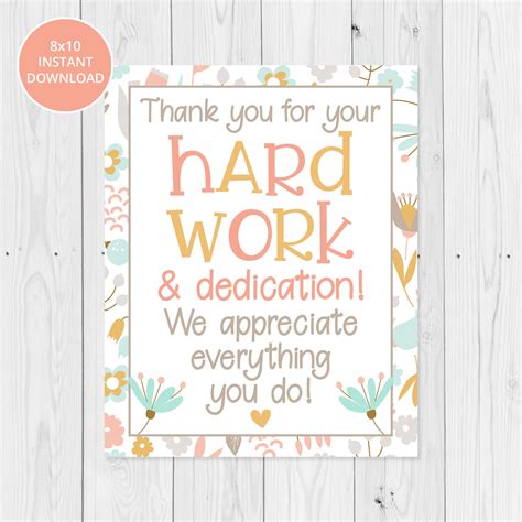 Floral Thank You for Your Hard Work 8x10 Printable Sign - Etsy