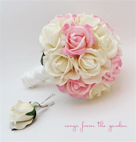 Rose Bridal Bouquet Real Touch Roses White & Light Pink Wedding Bouquet Real Touch Silk Flower ...