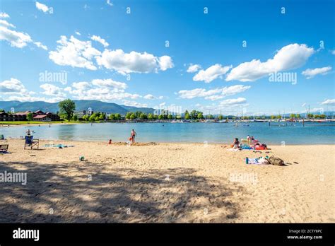 The sandy beach along Lake Pend Oreille and Sand Creek at the mountain resort town of Sandpoint ...