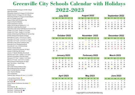 Greenville City Schools Calendar with Holidays 2022-2023