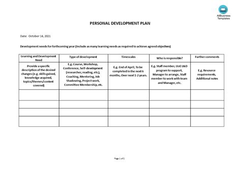 Kostenloses Personal Development Plan Template