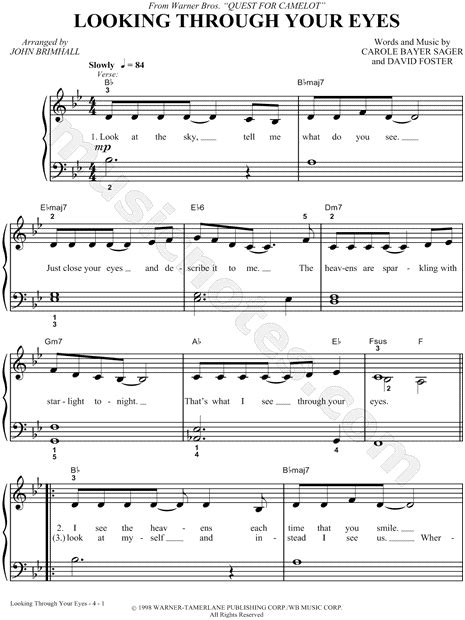 "Looking Through Your Eyes" from 'Quest for Camelot' Sheet Music (Easy Piano) in Bb Major ...