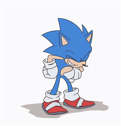 sonic the hedge is wearing red and white shoes, with his hands on his hips