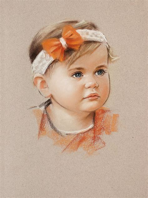 Orange bow. Portrait painting of a little girl. Pastel on Canson Mi-Teintes paper. This ...