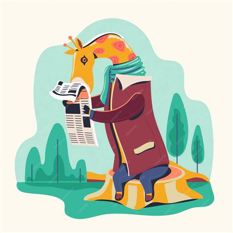Premium Vector | Animal characters reading newspaper vector illustration. giraffe bookworm.