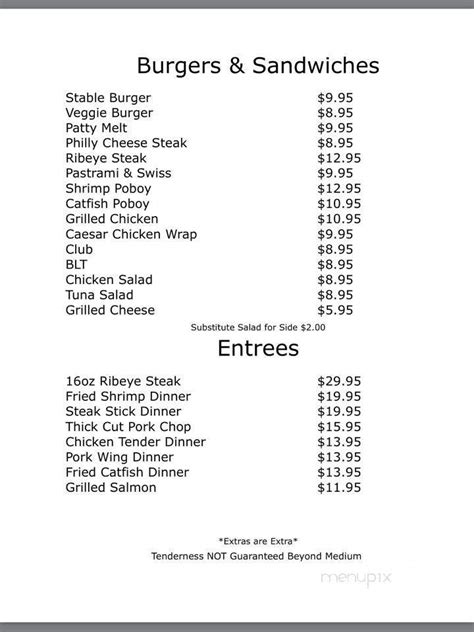 Menu of The Stables Downtown Grill in Tupelo, MS 38801