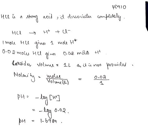 Find the ph value of 0.02 moles of Hydrochloric Acid (HCl).