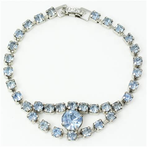 Vintage Pale Blue Rhinestone Jewelry Parure in Silver Tone c 1950 - Necklace Bracelet Screw Back ...