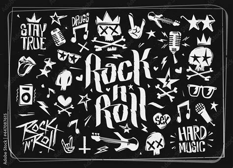 Rock n Roll grunge icons and elements collection. Doodle style Hard Rock icons and symbols ...