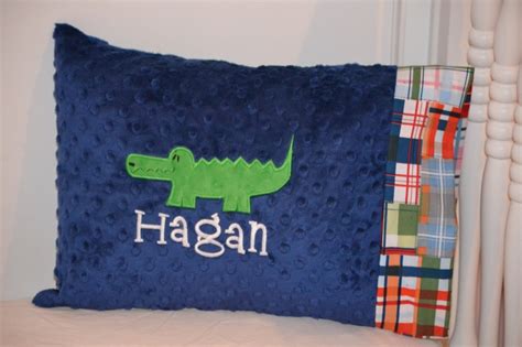 Personalized Pottery Barn Inspired Alligator Applique Madras Minky Dot Standard Pillowcase 28 x ...