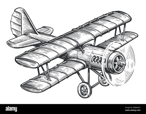 Retro airplane biplane with piston engine. Vintage transport sketch ...