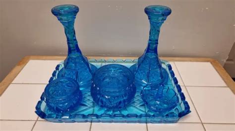 VINTAGE ART DECO Uranium Glass Dressing Table Vanity Set Complete ...