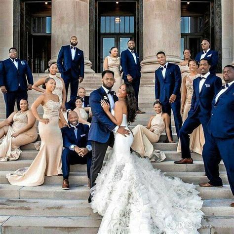 Navy Blue Groom Tuxedos Men Suits for Wedding Man Attire Peaked Lapel Jack… | Beige bridesmaid ...